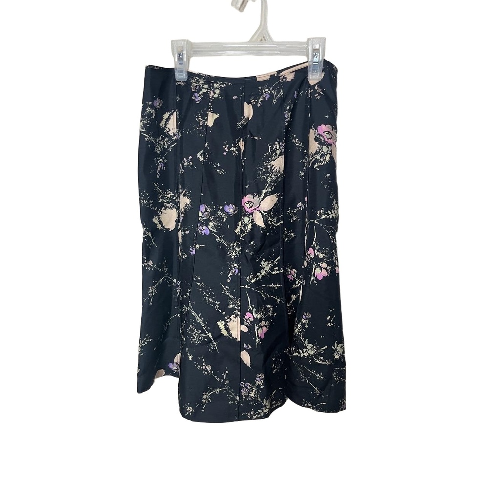 Ann Taylor Black Cream Silk Floral Print Pleated Midi Aline Skirt Y2K Women’s‎ 2